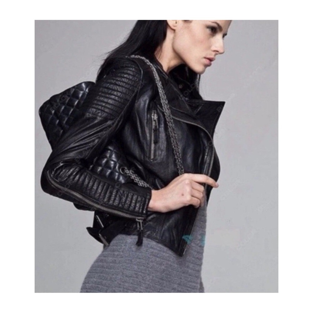Zara Basic Black Leather Moto Biker Blogger Fav Jacket Quilted Belted Lambskin